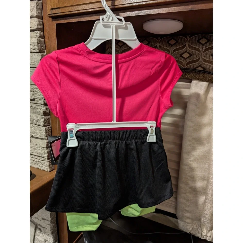 Nike Girls Just Win 2 Piece Set Sz 6X Pink Tee Black Shorts Lime Green Liner NEW